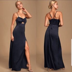 Lulu's-Navy Print Satin lux Dress